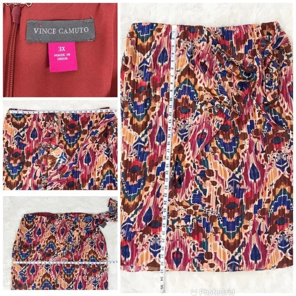VINCE CAMUTO Tie Waist Midi Skirt Ikat Print Burgundy Orange Plus Size 1X 3X New